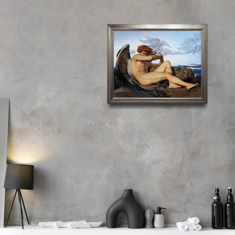 May include: A framed painting of a fallen angel with large, dark wings. The angel is depicted as a nude male figure with red hair, sitting on a rocky outcrop with a cloudy sky in the background.