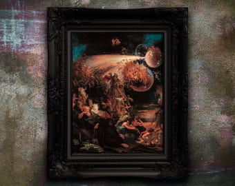 May include: A framed artwork with a dark, ornate black frame. The painting depicts a dramatic scene with figures, a fiery comet-like element, and celestial orbs. The color palette is dominated by warm tones of orange, red, and brown.