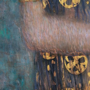 May include: Close-up of a painting depicting a woman wearing a dark blue and gold patterned dress. The dress has a gold band around the waist and a gold band around the upper arm. The woman's arm is partially visible and the background is a muted green color. The artist's signature, "Gustav Klimt", is visible in the lower left corner of the painting.