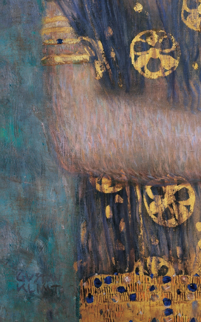 May include: Close-up of a painting depicting a woman wearing a dark blue and gold patterned dress. The dress has a gold band around the waist and a gold band around the upper arm. The woman's arm is partially visible and the background is a muted green color. The artist's signature, "Gustav Klimt", is visible in the lower left corner of the painting.