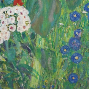 May include: An impressionistic painting of a garden scene. White clusters of flowers are on the left, with blue flowers and green foliage throughout. The artwork uses visible brushstrokes and a vibrant color palette.