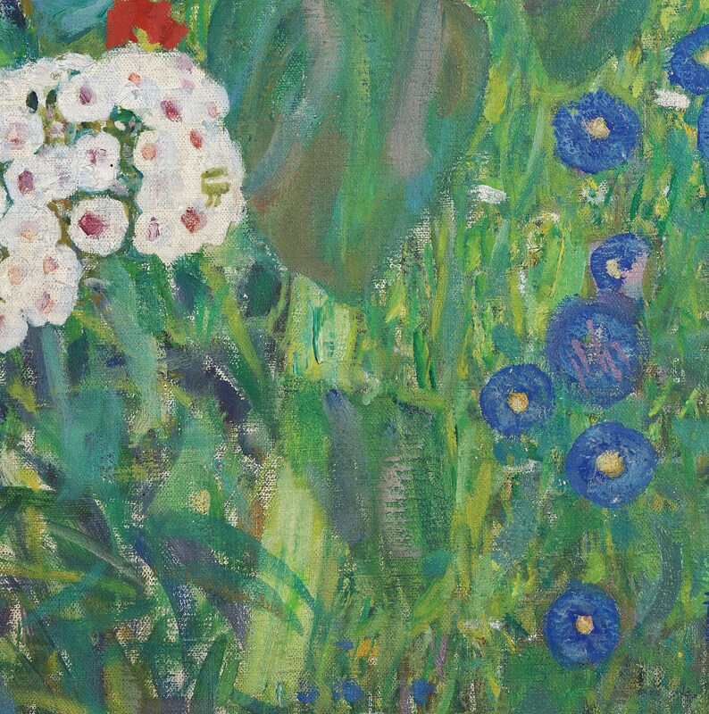 May include: An impressionistic painting of a garden scene. White clusters of flowers are on the left, with blue flowers and green foliage throughout. The artwork uses visible brushstrokes and a vibrant color palette.
