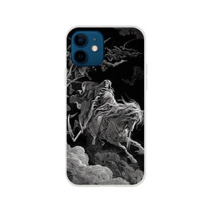 May include: A black and white phone case with a graphic of Death riding a horse through the clouds. The graphic is in a vintage style.