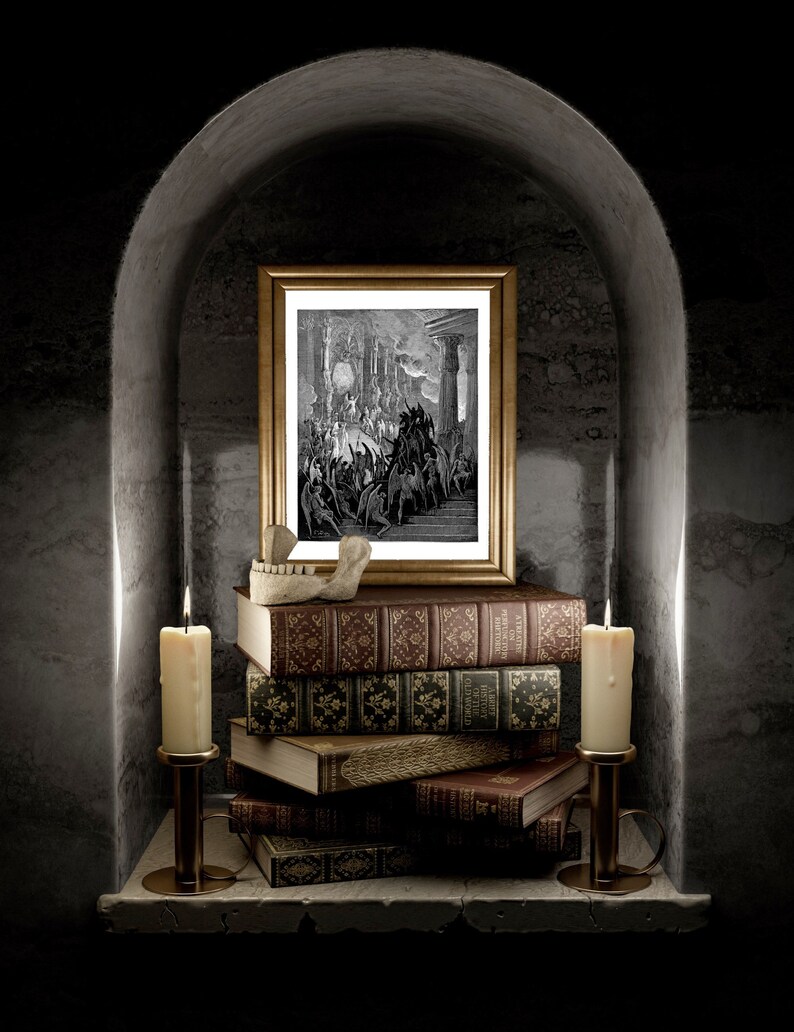 Gustave Dore Satan i rådet Konsttryck | Mörkt ockult Paradise Lost Väggdekor | Gotisk mytologisk gravyr Matt Poster | Dark Academia bild 9