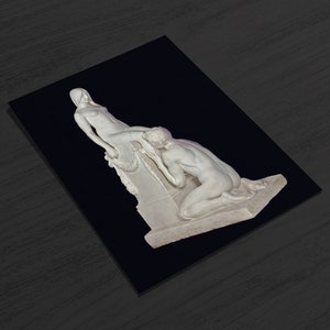 May include: A white marble sculpture of two figures, one kneeling and the other standing, against a black background.