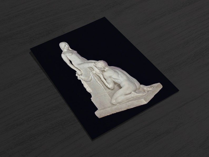 May include: A white marble sculpture of two figures, one kneeling and the other standing, against a black background.