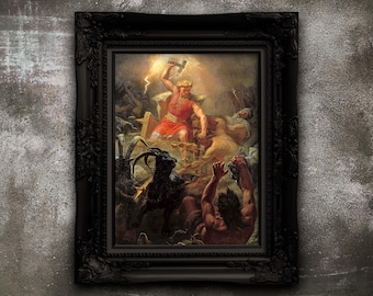 May include: A framed painting depicting a scene from Norse mythology. A powerful figure, possibly Thor, wields a hammer and lightning strikes down from the sky. The figure is surrounded by other figures, including a goat and a man, in a dramatic and chaotic scene.