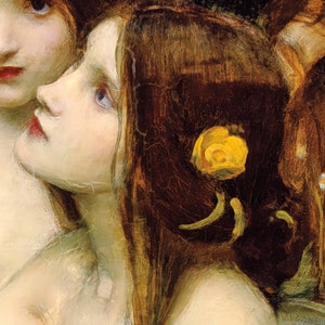 May include: A painting of two women with long brown hair. The woman in the foreground has a yellow flower in her hair. The painting is done in a realistic style with soft brushstrokes.