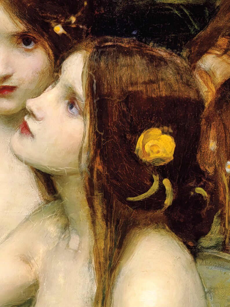 May include: A painting of two women with long brown hair. The woman in the foreground has a yellow flower in her hair. The painting is done in a realistic style with soft brushstrokes.