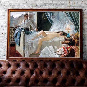 May include: A painting depicting a couple in a bedroom. The woman is lying in bed, while the man stands by the bed, looking at her. The painting is framed in a wooden frame.