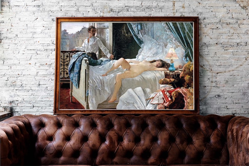 May include: A painting depicting a couple in a bedroom. The woman is lying in bed, while the man stands by the bed, looking at her. The painting is framed in a wooden frame.