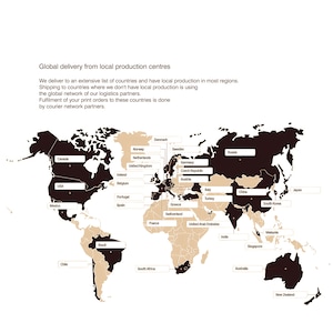 May include: A world map with brown and beige colors showing where a company has local production centers. The map shows countries in North America, South America, Europe, Asia, Africa, and Australia. The text on the map says "Global delivery from local production centers".