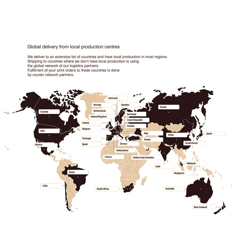 May include: A world map with brown and beige colors showing where a company has local production centers. The map shows countries in North America, South America, Europe, Asia, Africa, and Australia. The text on the map says "Global delivery from local production centers".