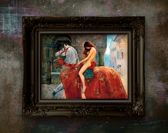 May include: A painting depicting a woman riding a white horse in a medieval setting. The woman is nude and wears a red and gold cloak. The horse is adorned with a red and gold saddle and bridle.