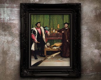 May include: A framed print of a Renaissance-era painting. Two men in period clothing stand in a room with a green curtain backdrop. One man wears a red and black outfit with a fur collar, the other a brown robe. A table displays various objects.