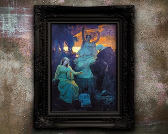 May include: A framed print featuring a classical painting with two robed figures in a landscape. The artwork is set against a sunset backdrop with a dark, ornate black frame. The figures are in shades of blue, white, and gold.
