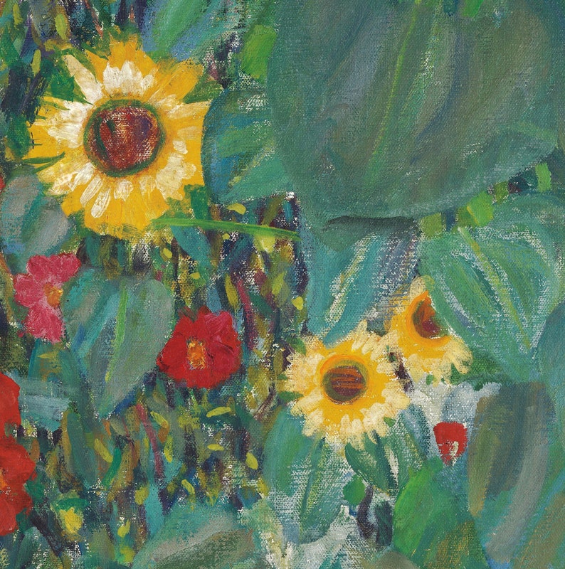May include: An oil painting of a vibrant garden scene. The artwork features bright yellow sunflowers with brown centers, interspersed with red and pink flowers. Lush green leaves fill the background, creating a sense of depth and natural beauty.