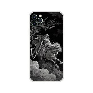 May include: A black and white illustration of Death riding a skeletal horse through a dark, cloudy sky. The image is in a vintage style and features intricate details.