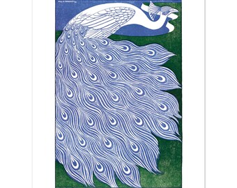Póster de pavo real de William Bradley, arte mural Art Nouveau, lámina vintage de pavo real remasterizada, decoración floral para el hogar, regalo estético para amantes del arte.