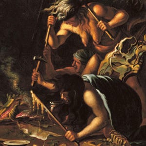 Pode incluir: Detalhe de uma pintura que retrata tr&ecirc;s figuras num ambiente pouco iluminado. As figuras, com corpos musculosos, est&atilde;o a trabalhar com ferramentas. A obra de arte utiliza tons terrosos, com luzes e sombras para criar profundidade. A cena sugere trabalho.