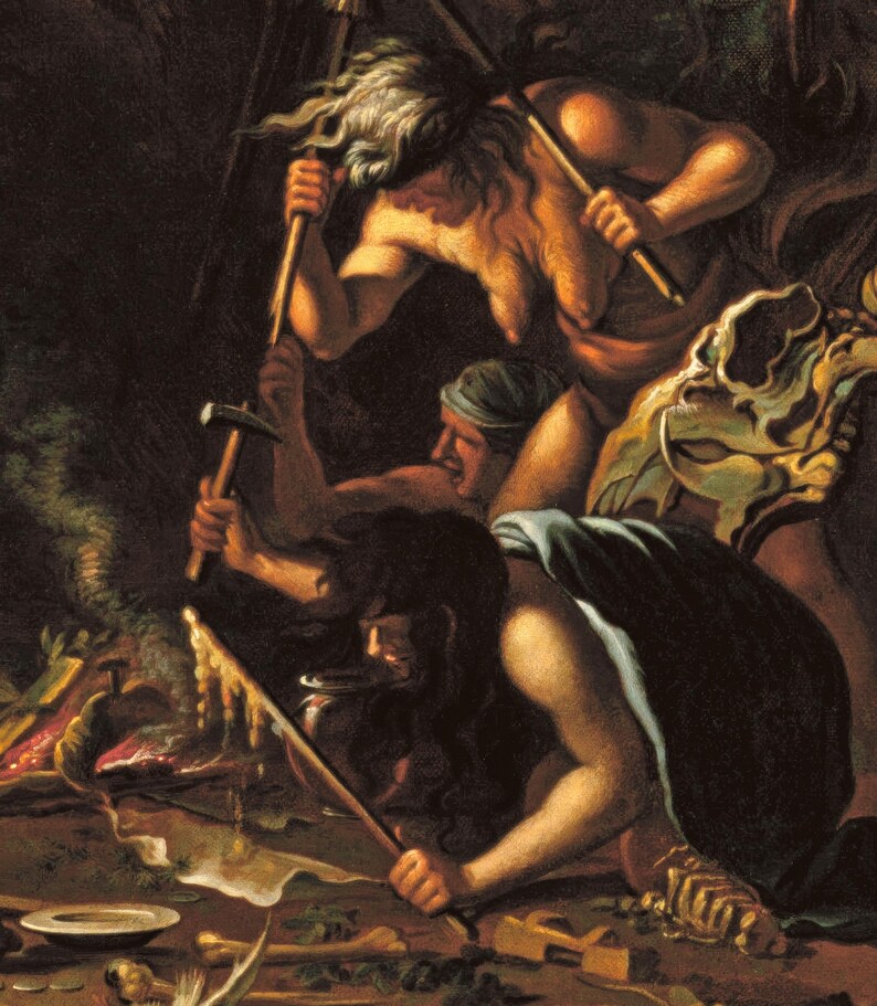 Pode incluir: Detalhe de uma pintura que retrata tr&ecirc;s figuras num ambiente pouco iluminado. As figuras, com corpos musculosos, est&atilde;o a trabalhar com ferramentas. A obra de arte utiliza tons terrosos, com luzes e sombras para criar profundidade. A cena sugere trabalho.