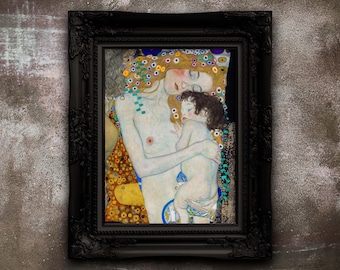 May include: A framed print of Gustav Klimt's "Mother and Child." The artwork depicts a mother and child in a tender embrace, with the mother's hair adorned with gold and colorful details. The frame is black with ornate detailing.