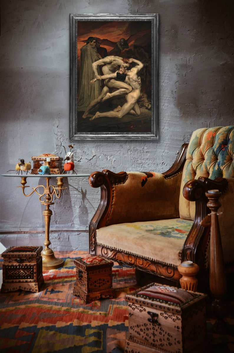May include: A framed painting depicting a scene from Dante's Inferno. The painting features three figures, two of which are engaged in a struggle. The painting is set against a backdrop of a fiery landscape.