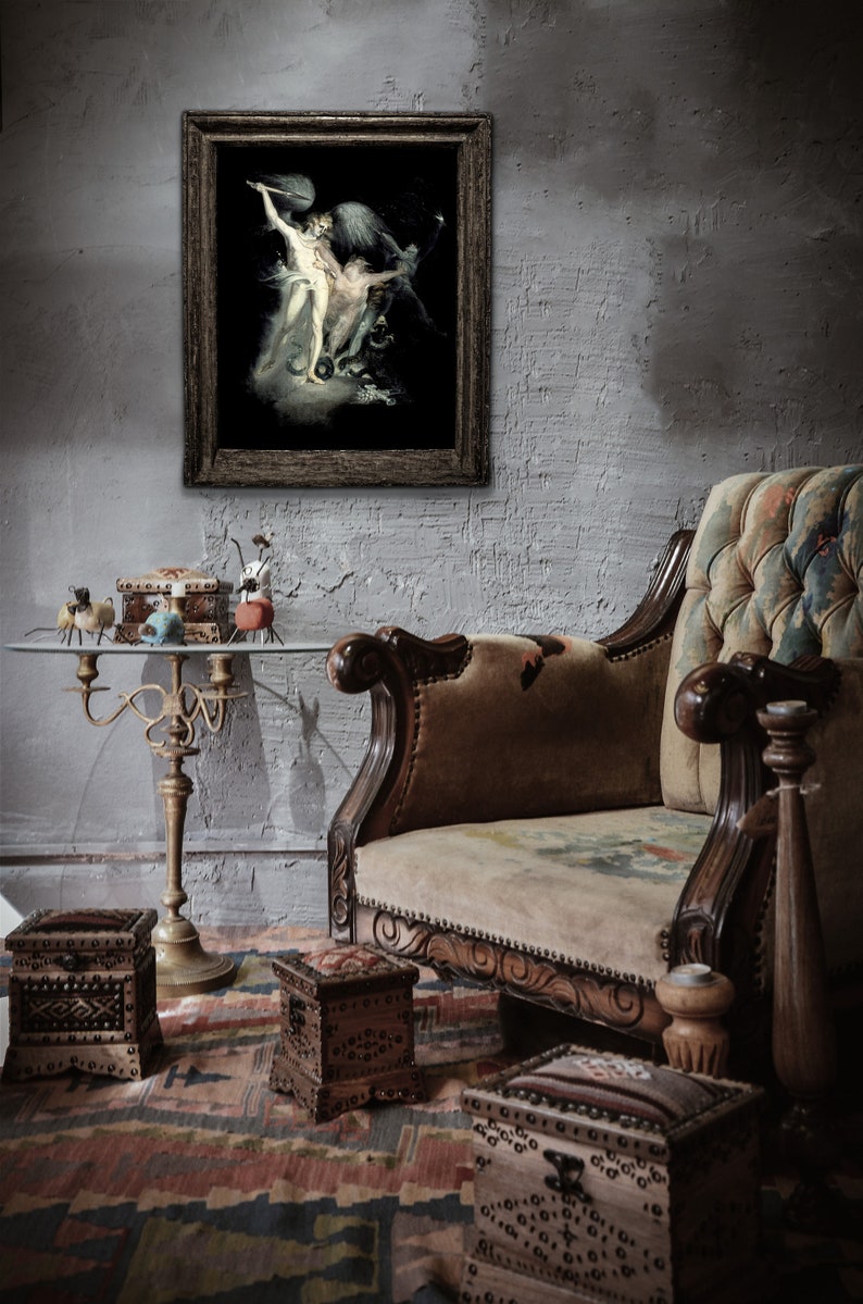 Satan & Death Occult Art Print | Goth Fantasy Poster | Vintage Satanic Wall Art Gift | John Henry Fuseli Print | Dark Academia Decor