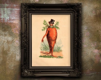 Victorian Carrot Man Kitchen Poster: Kitsch Vegetable Art Print