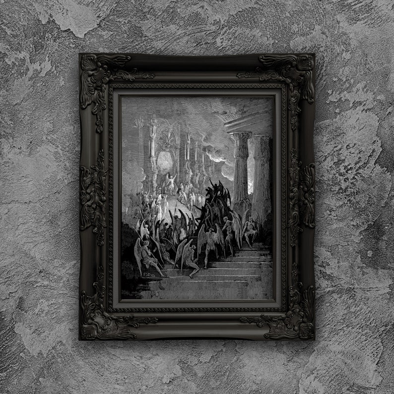Gustave Dore Satan i rådet Konsttryck | Mörkt ockult Paradise Lost Väggdekor | Gotisk mytologisk gravyr Matt Poster | Dark Academia bild 2