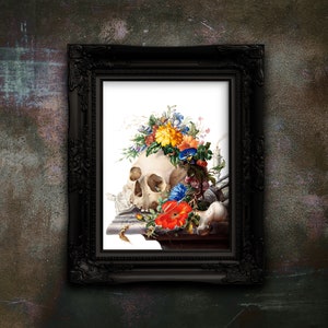 Vanitas Still Life Art Print: Macabre Floral Skull Decor