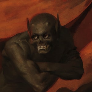 May include: A dark, skeletal-looking creature with pointed ears and sharp teeth, rendered in a painterly style against a warm orange background.