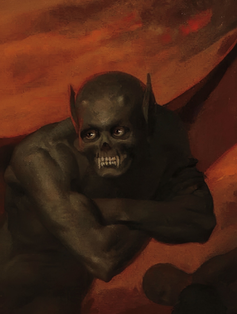 May include: A dark, skeletal-looking creature with pointed ears and sharp teeth, rendered in a painterly style against a warm orange background.