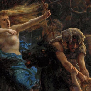 May include: A dramatic painting depicting a woman with long flowing red hair, riding a black horse, holding a bow and arrow, with a man in a fur-lined hood holding a woman's hair in his hand.