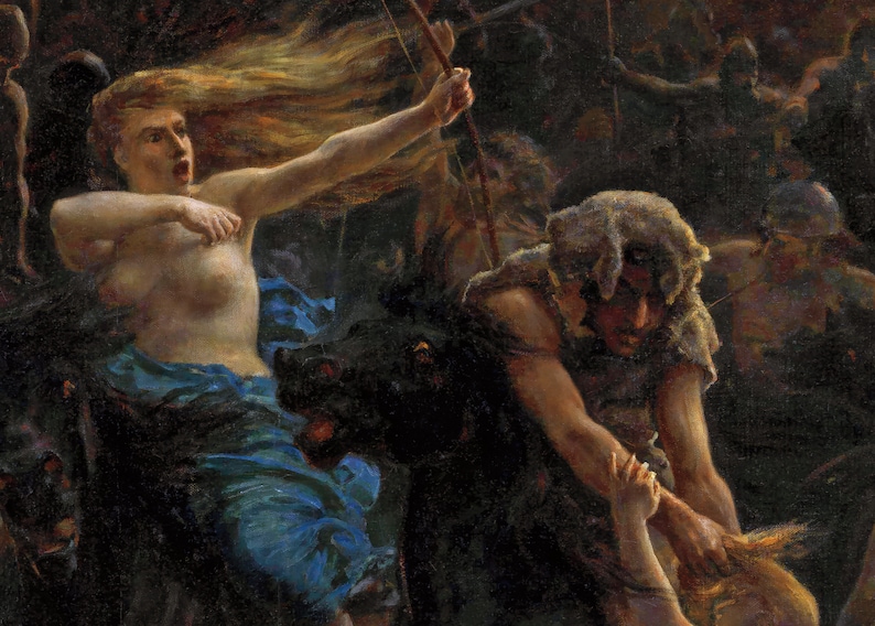May include: A dramatic painting depicting a woman with long flowing red hair, riding a black horse, holding a bow and arrow, with a man in a fur-lined hood holding a woman's hair in his hand.