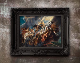 May include: Ornate black framed artwork depicting a classical scene with figures, horses, and celestial elements. The painting features a dramatic composition with a dark, moody color palette, and is set against a textured background.