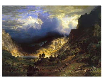May include: A landscape painting depicts a valley with a lake, mountains, and a dramatic sky. The sky features dark storm clouds and bright sunlight. The valley floor is green with trees and a small structure. The artwork is a classic landscape.