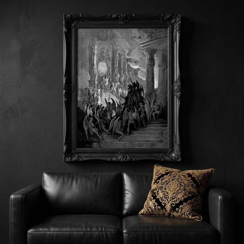 Gustave Dore Satan i rådet Konsttryck | Mörkt ockult Paradise Lost Väggdekor | Gotisk mytologisk gravyr Matt Poster | Dark Academia bild 3
