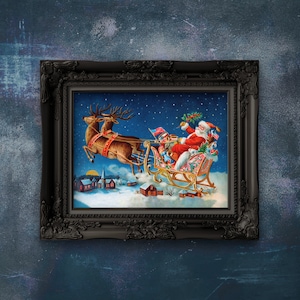 Vintage Santa Claus With Reindeers and Sleigh Art Print.  Christmas Wall Decor. Premium Matte Paper Art Print. Unframed.