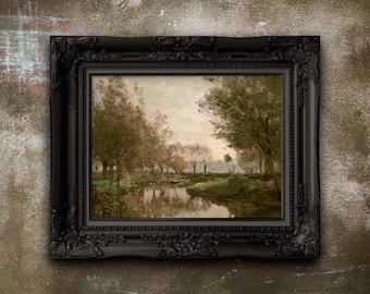 Vintage River Landscape Art Print: Rustic Farmhouse Wall Decor