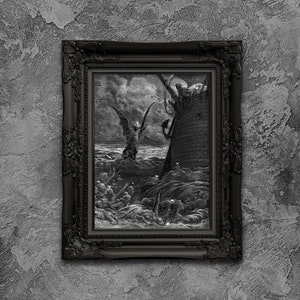 May include: A black and white framed print of a dramatic scene from the Bible. A winged figure with a halo stands on a stormy sea, while a ship with a large anchor is in the background. The scene is filled with people struggling in the water.