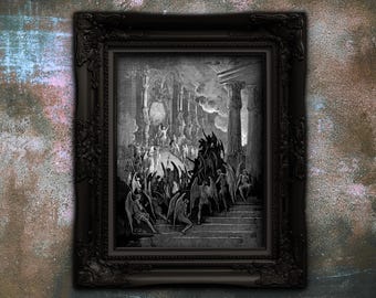 Gustave Dore Satan i rådet Konsttryck | Mörkt ockult Paradise Lost Väggdekor | Gotisk mytologisk gravyr Matt Poster | Dark Academia