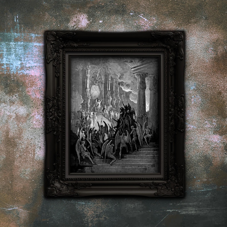 Gustave Dore Satan i rådet Konsttryck | Mörkt ockult Paradise Lost Väggdekor | Gotisk mytologisk gravyr Matt Poster | Dark Academia bild 1