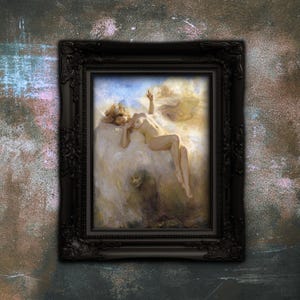 May include: A framed art print featuring a painting of a reclining figure amidst ethereal clouds and soft golden light. The artwork is encased in a decorative, ornate black frame with intricate relief detailing along the edges and corners.