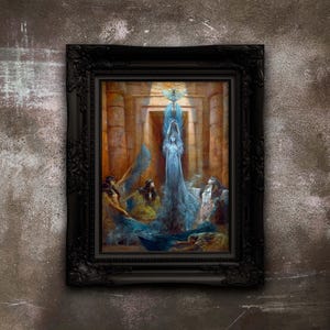 May include: An ornate framed painting depicting a mystical scene. The artwork features figures in flowing robes, with a central figure bathed in ethereal light. The color palette includes blues, golds, and browns, creating a dramatic and otherworldly atmosphere.