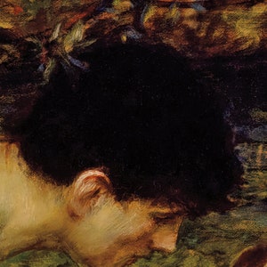 May include: A close-up of a woman's face, with her head turned to the side. Her hair is dark and her skin is pale. She is wearing a green garment and her eyes are closed. The painting is done in a style that is reminiscent of Impressionism.