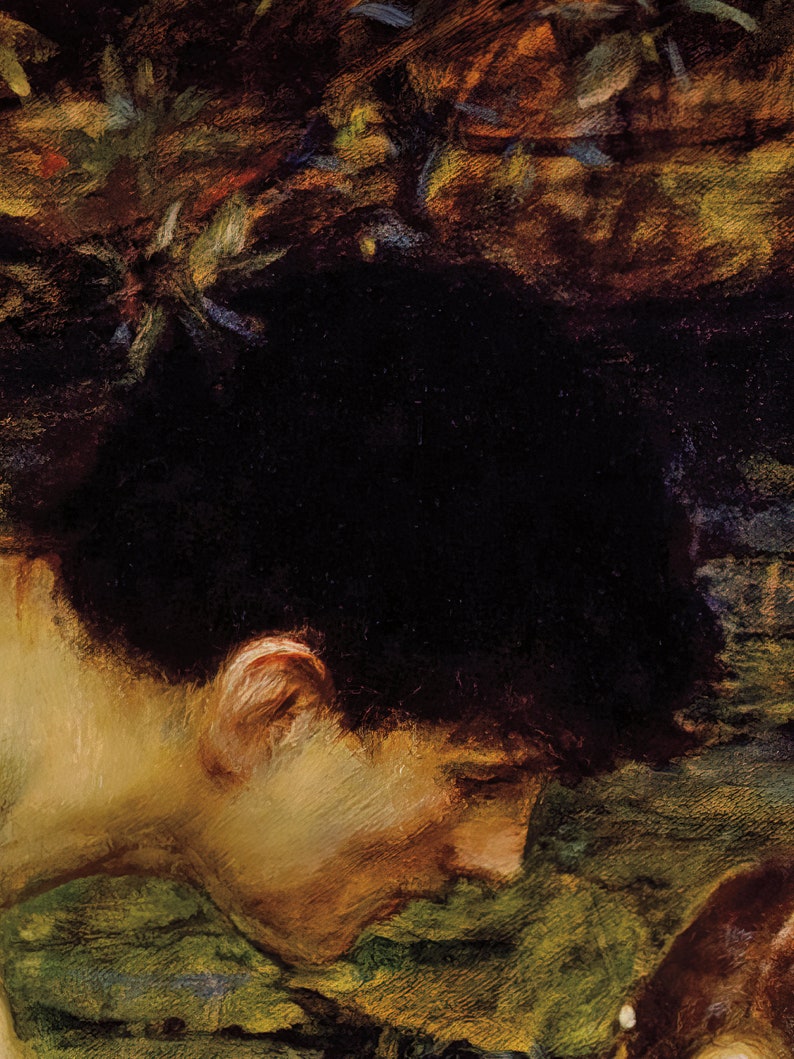 May include: A close-up of a woman's face, with her head turned to the side. Her hair is dark and her skin is pale. She is wearing a green garment and her eyes are closed. The painting is done in a style that is reminiscent of Impressionism.