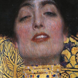 May include: A portrait painting of a woman with her eyes closed. She is wearing a gold necklace with blue and red jewels. The background is a gold and black pattern.