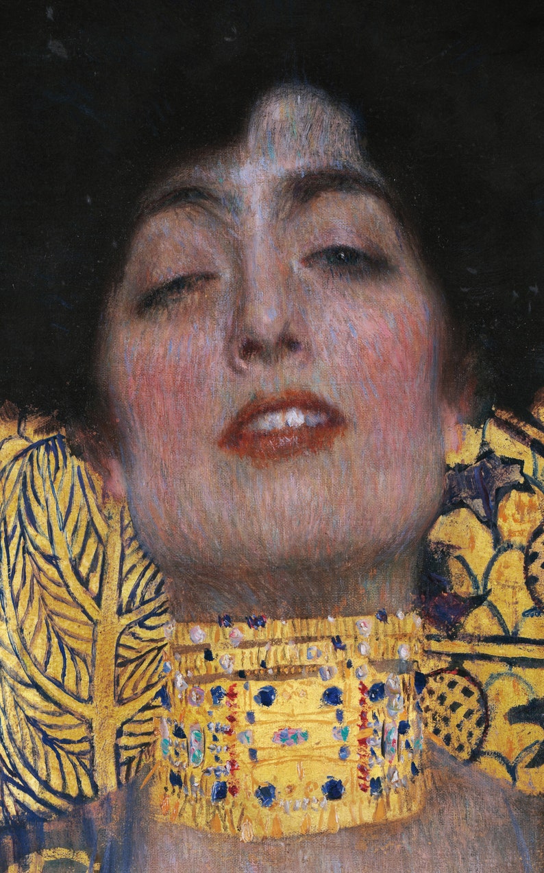 May include: A portrait painting of a woman with her eyes closed. She is wearing a gold necklace with blue and red jewels. The background is a gold and black pattern.