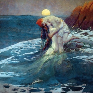 May include: A painting depicting a mermaid and a man embracing in the ocean. The mermaid has long, dark hair and a tail that merges with the water. The man is wearing a red cap and white clothing. The scene is set at sunset, with a bright yellow sun in the background.